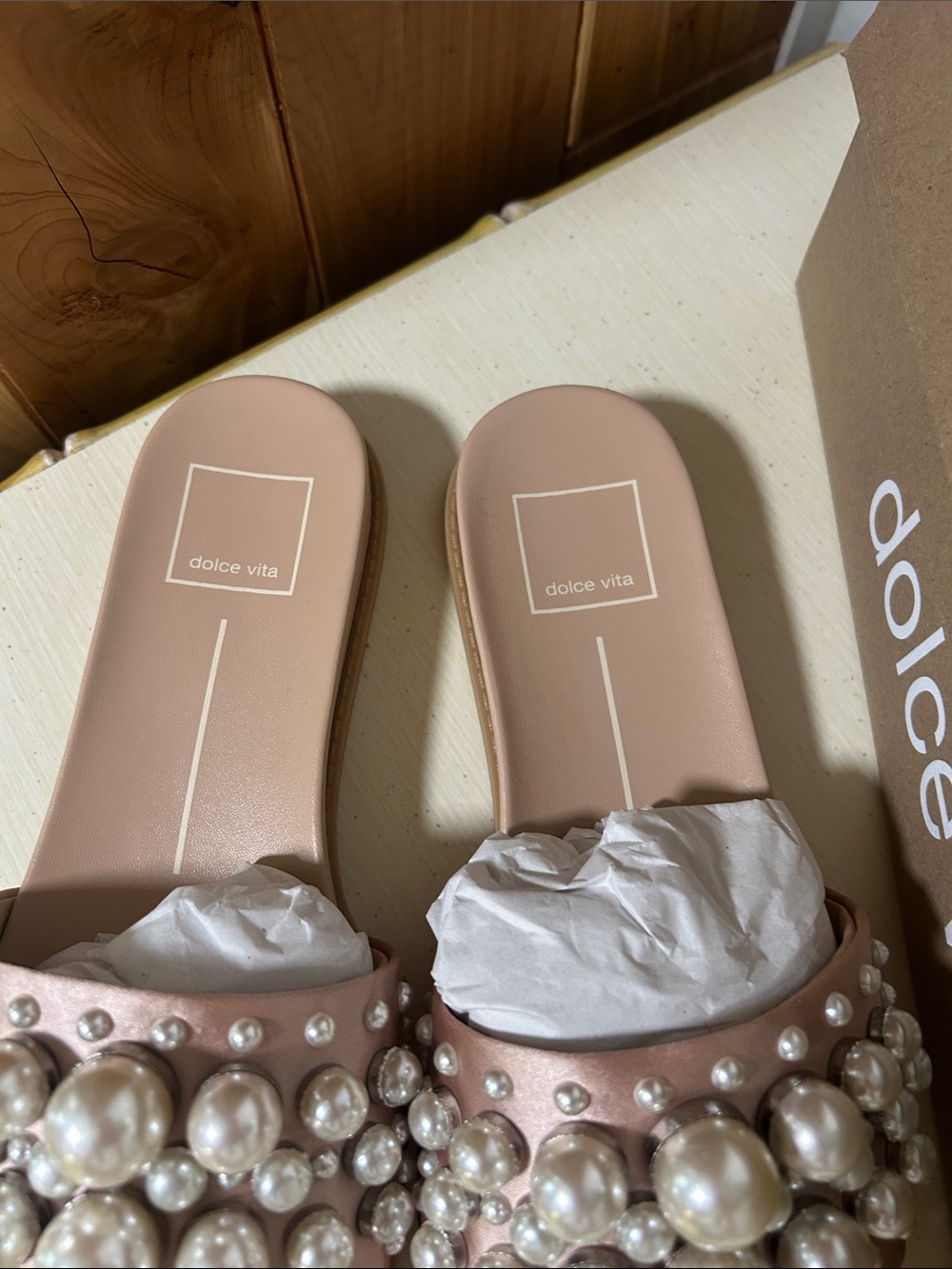 Dolce Vita Blush Pearl-Studded Slide Sandals - Picture 3 of 8